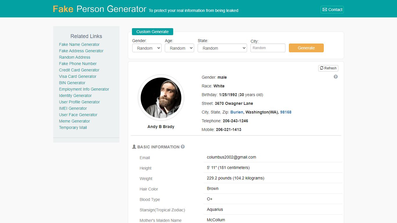 Fake Person/Name Generator | User Identity, Account and Profile Generator